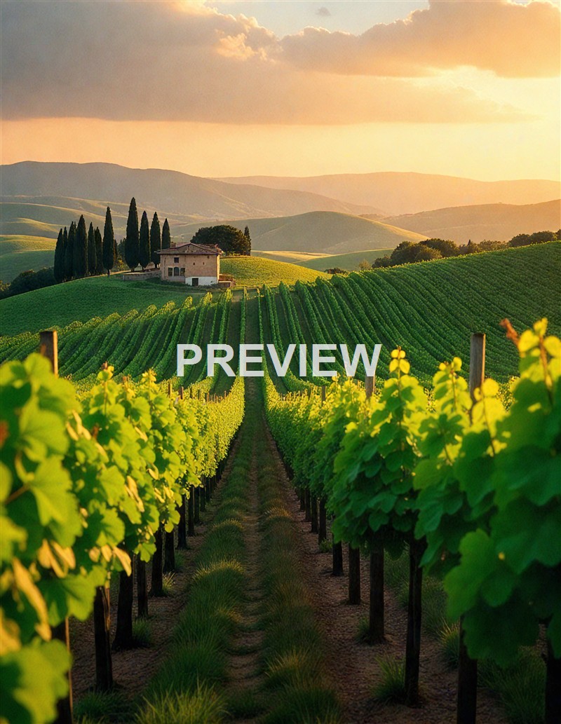 A scenic view of lush green vineyards on rolling hills with a small house and tall cypress trees in the background, illuminated by warm sunlight during sunset.